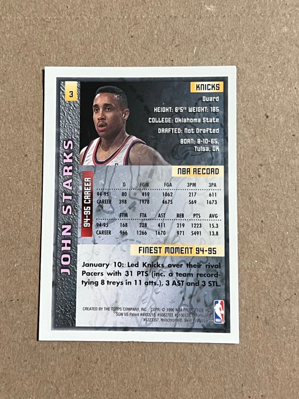 1995-96 Topps Finest - John Starks #3 New York Knicks Basketball Card - Picture 3 of 3